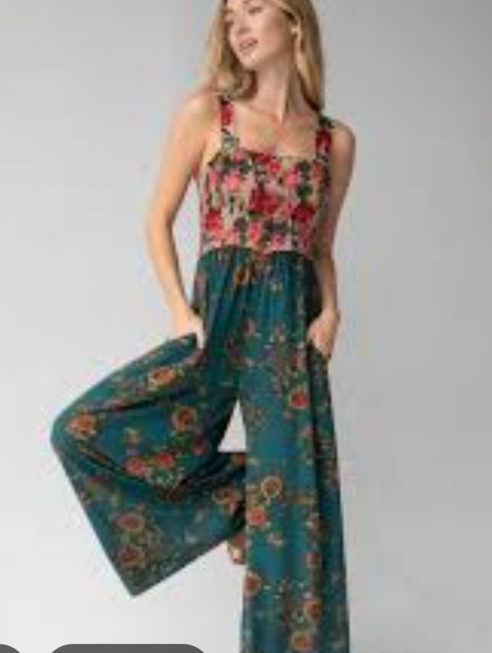 Natural Life Sedona Jumpsuit Rayon Floral Smocked Top Wide Leg XS